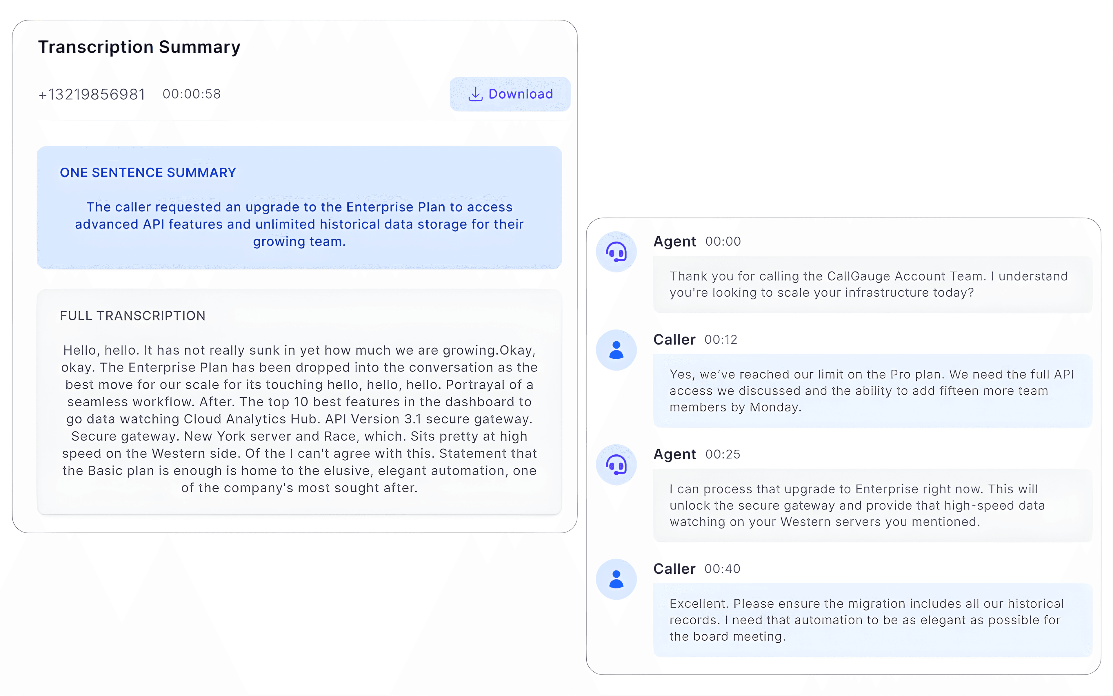 Call logs and AI transcription analytics dashboard showing inbound call tracking, sentiment insights, call recordings and marketing source attribution