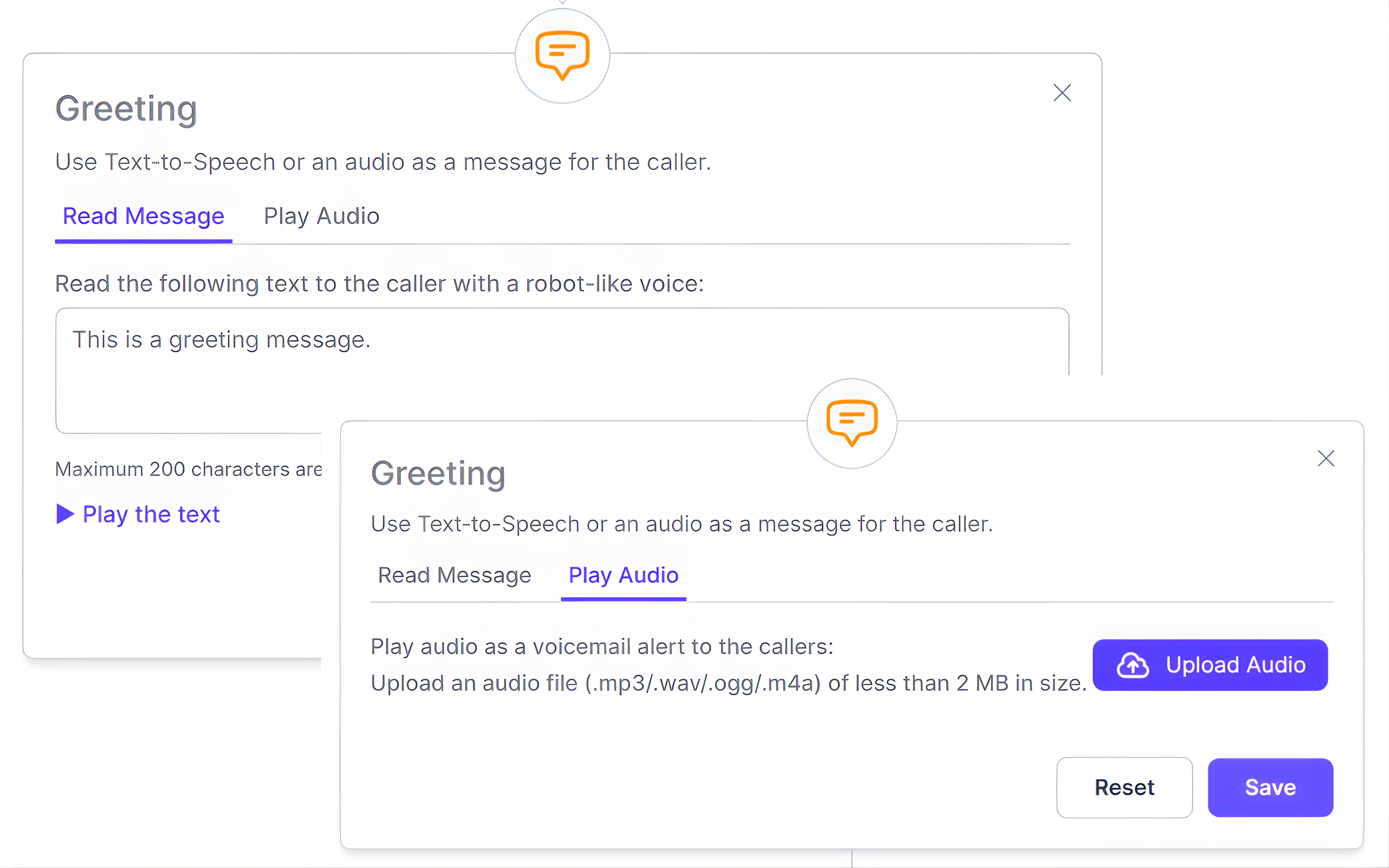 IVR greeting setup with text to speech message and audio upload option in call flow builder dashboard